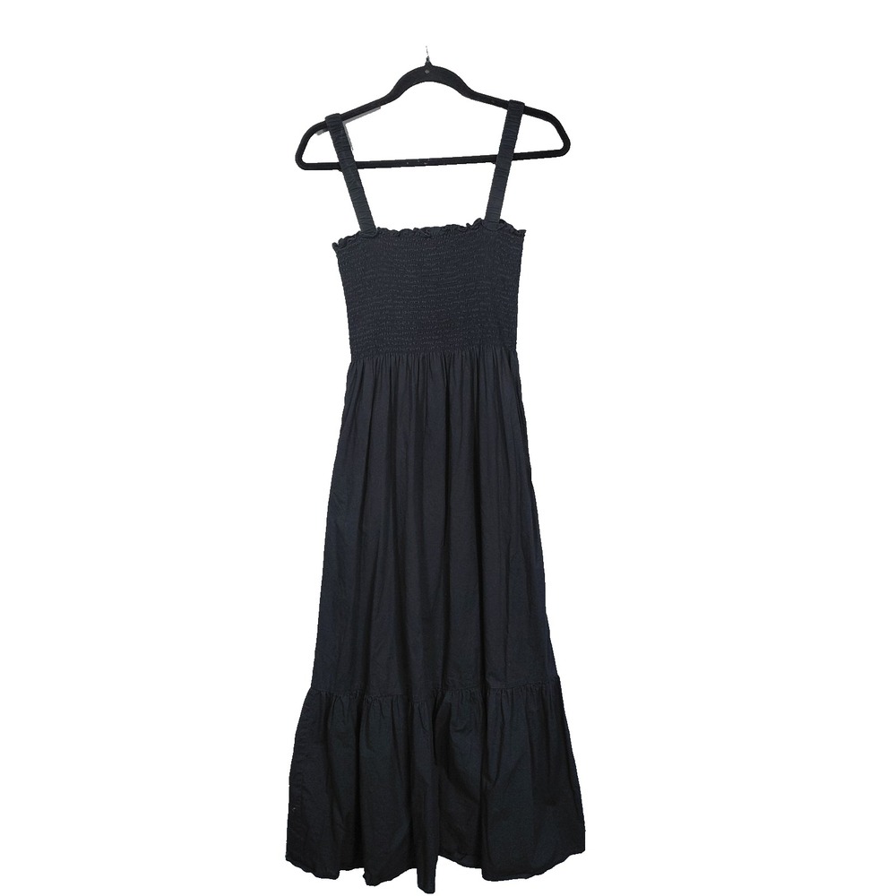 Hill House Home The Anjuli Nap Dress Women's MD Black Smocked Tiered Pockets